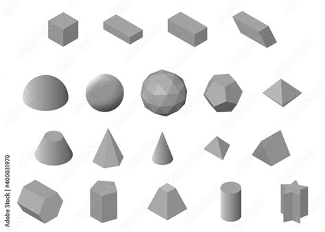 Set Of Isometric Basic 3d Shapes Gray Geometric Solids Isolated On