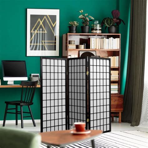 Oriental Furniture Window Pane 3 Panel Black Paper Folding Indoor