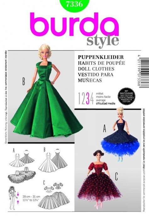 burda craft sewing pattern 7336 barbie doll style doll clothes ballroom gown sewing patterns