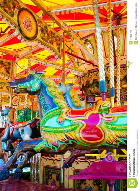 Carousel With Horses On A Carnival Merry Go Round Stock Photo Image