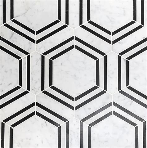 Carrara white marble 1 inch hexagon mosaic border listello tile black flower pattern honed. Carrara Bianco Honed Hexagon Nero Strip Marble Mosaic Tile