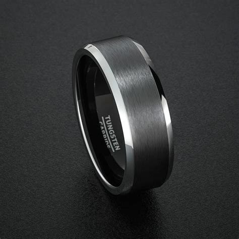 Mens Black Tungsten Carbide Ring 8mm With Beveled Edges