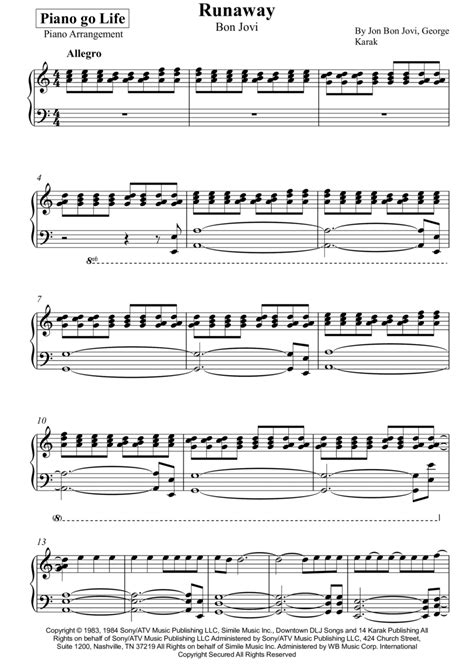 Runaway Partituras Bon Jovi Piano Solo