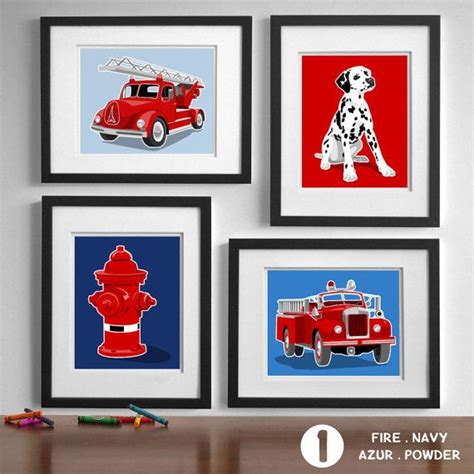 Classic Fire Truck Nursery Art Set Of 4 Prints Vintage Etsy Fireman Nursery Fire Truck