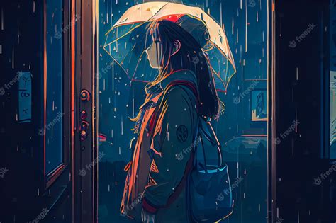 Premium Photo Anime Girl Under An Umbrella In The Rain Generative Ai