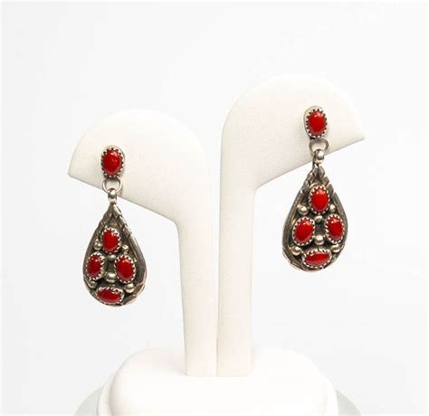 Sterling Silver Red Coral Earrings Native American Silver Teardrop