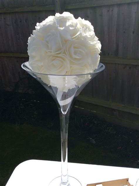 Large 50cm Martini Glass Centrepiece White Cream Rose Ball In Top Glass Hire £7 Per Glass Rose