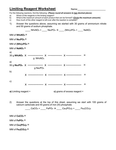Limiting Reactant And Percent Yield Worksheet Answers Printable Word