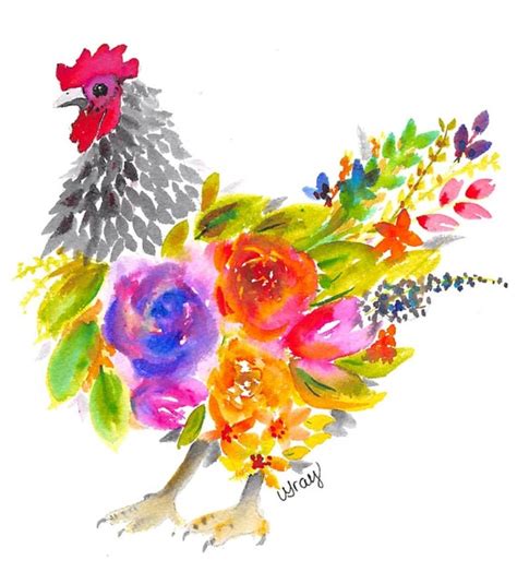Floral Watercolor Rooster Digital Download Watercolor Painting Art