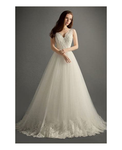 Romantic Ball Gown V Neck Court Train Tulle Wedding Dress With