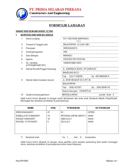 Sistematika surat lamaran pekerjaan meliputi: FORMULIR LAMARAN KERJA(1)