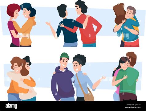 Hugs Characters People Embracing Couples With Positive Emotions Exact Vector Cartoon Persons
