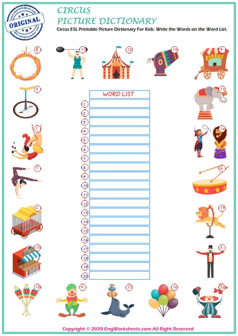 Circus Printable English Esl Vocabulary Worksheets Engworksheets