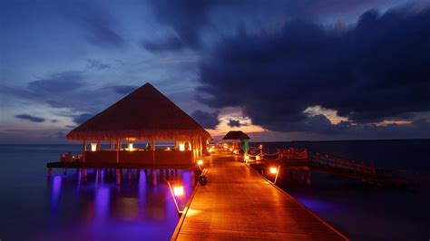 Wallpaper Maldives Night Docks Lights Beautiful And Romantic Scenery