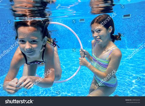 Happy Children Swim Pool Underwater Girls Stock Photo 298556435