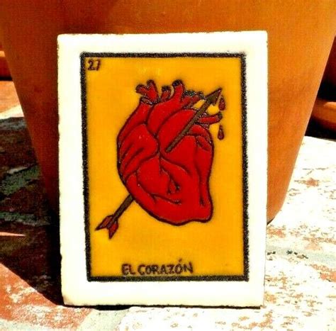 El Corazon Heart Loteria Red Clay Tile 3 In X 4 In Mexico With Free