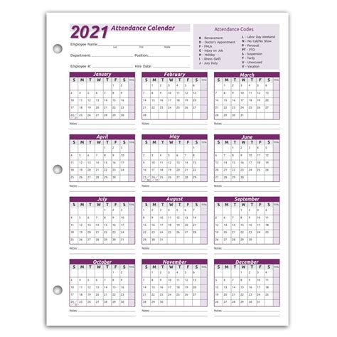 Work Tracker Attendance Calendar Cards 8 ½ X 11 Cardstockpack Of 25