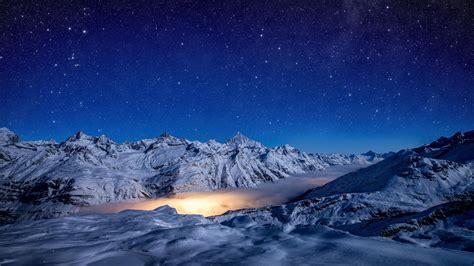 Starry Night Snow Covered Mountains 4k Hd Nature 4k Wallpapers