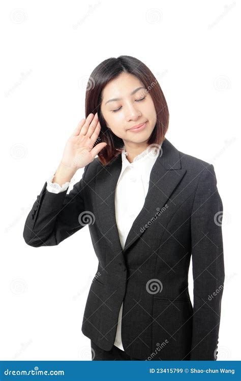 Business Woman With Hand To Ear Listening Stock Image Image Of Asian