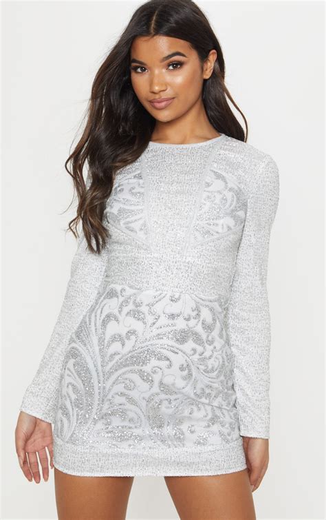 Silver Glitter Panelled Dress Dresses Prettylittlething Usa