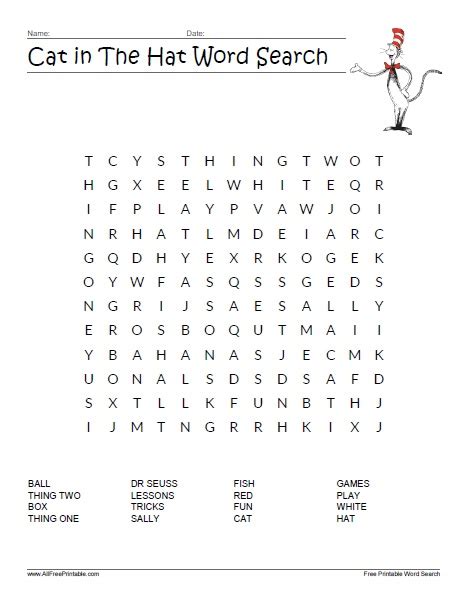 The Cat In The Hat Word Search Free Printable