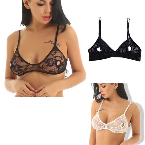 Women Hollow Out Sexy Lingerie Open Nipple Sheer Bra Strappy Wire Free