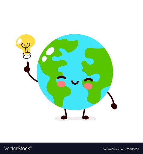 Happy Cute Earth Planet With Lightbulb Royalty Free Vector