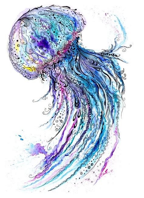 Jelly Fish Watercolor And Ink Painting Sea Life Art Watercolor