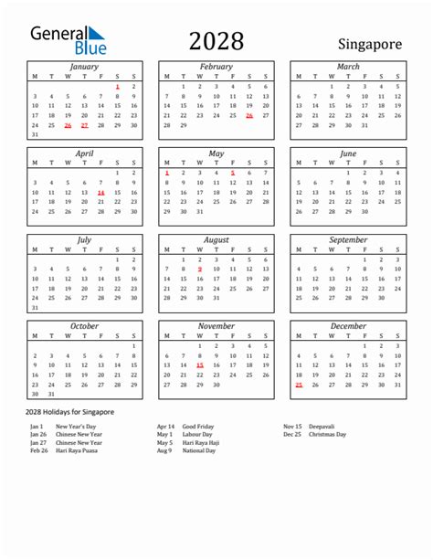 2028 Singapore Calendar With Holidays