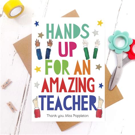 Hands Up Thank You Teacher Personalised Card Miss Bespoke Papercuts