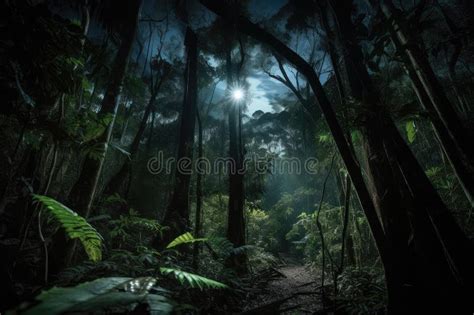 Dark Rainforest At Night With The Glow Of The Moon Illuminating The