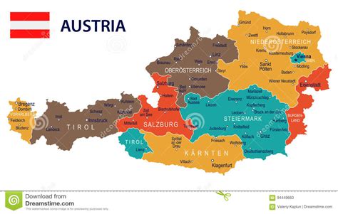 Österreich ist ein landumschlossenes land in zentraleuropa und grenzt an deutschland, ungarn, slowakei, slowenien, italien, die schweiz, liechtenstein und die tschechischen republik. Österreich - Karte Und Flagge - Illustration Stock ...