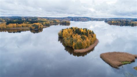 Aerial View Of A Lake With Islands In The Middle Of The Forest Stock