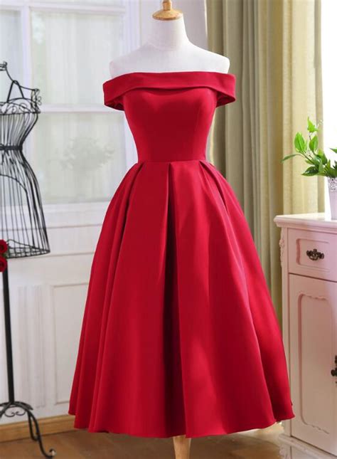 Red Tea Length Vintage Style Wedding Party Dress Off Shoulder Formal Bemybridesmaid