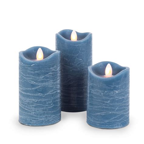 Set Of Three 3 Blue Led Pillar Candles With Aurora Flame And Remote