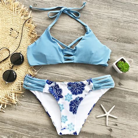 Cupshe Fresh Air Print Bikini Set Frond Cross Push Up Padding Swimsuit
