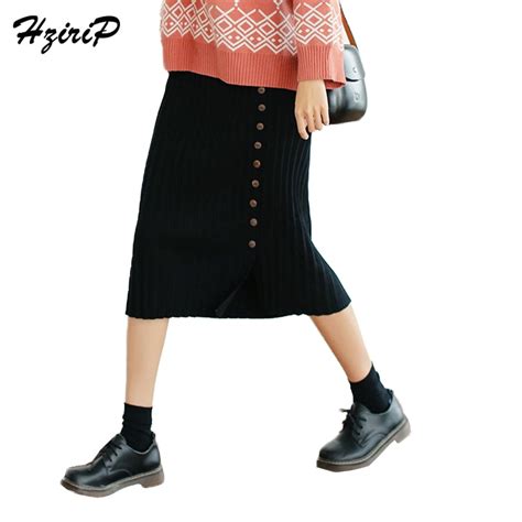 Hzirip Winter Autumn Women Skirts Split Pleated Knit Solid Preppy Style Straight Cotton Woolen
