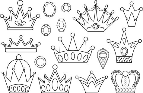 Fairy tale black and white crowns collection. Vector line set with ...