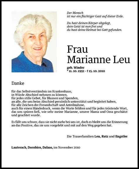 Todesanzeigen Von Marianne Leu Todesanzeigen Vorarlberger Nachrichten
