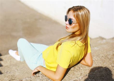 Street Fashion Stylish Pretty Hipster Girl In Sunglasses Posing Stock