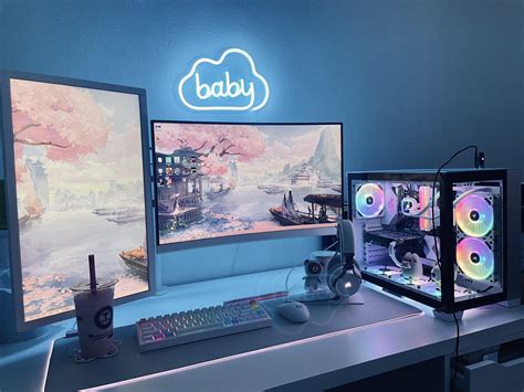 Light Blue Aesthetic Gaming Setup 💡🖥 Gaming Room Setup Gaming Desk