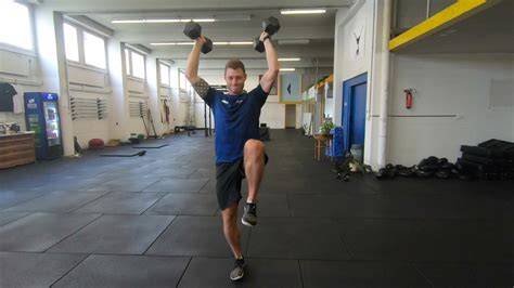 Dumbell Overhead Walking Lunges With Side Touches And Knee Lifts Youtube