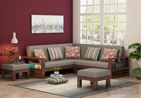 · the design of the sofa makes it a comfortable day bed. Buy Winster L-Shaped Wooden Sofa (Warm Grey, Walnut Finish ...