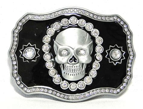 Mens Bling Silver Skull Head With A Black Lacquer Design Belt Buckle