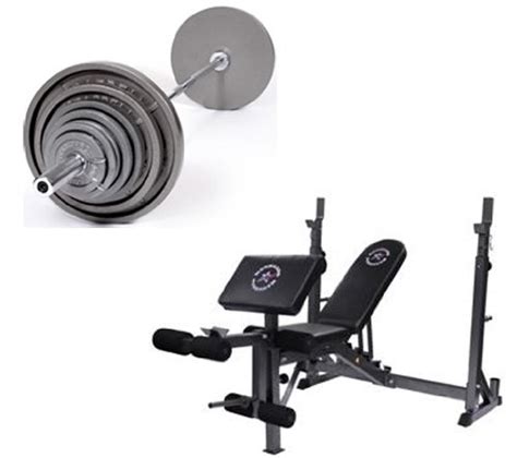 Troy 300 Lb Olympic Weight Set Gray W Bench Press And Attachments Wide