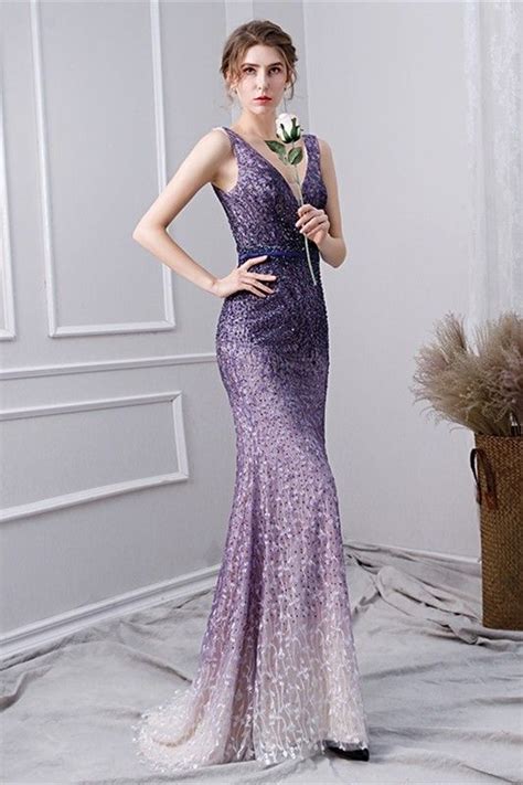 Stunning V Neck Low Back Crystal Beaded Ombre Purple Lace Mermaid Prom