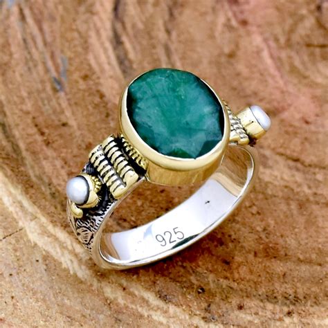 Emerald Ring Sterling Silver Indian Emerald Pearl Etsy Uk