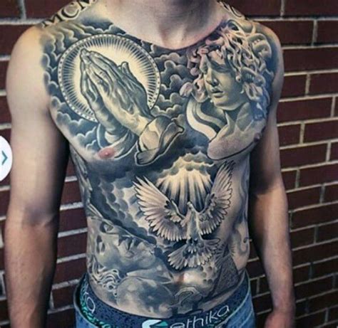 Awesome Full Chest Mens Tattoo With Religious Theme