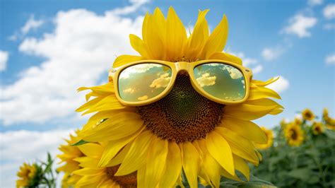 Sunflower With Sunglass With Background Of Blue Sky 4k 5k Hd Flowers