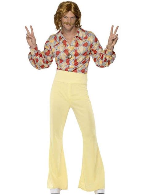 Yellow Flared Brown Hippie Costume 70s Groovy Guy Outfit For Men